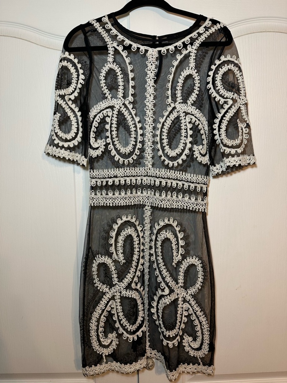 Ark & Co. Black Sheer Mesh White Scroll Appliqué Mini Dress - Size Small